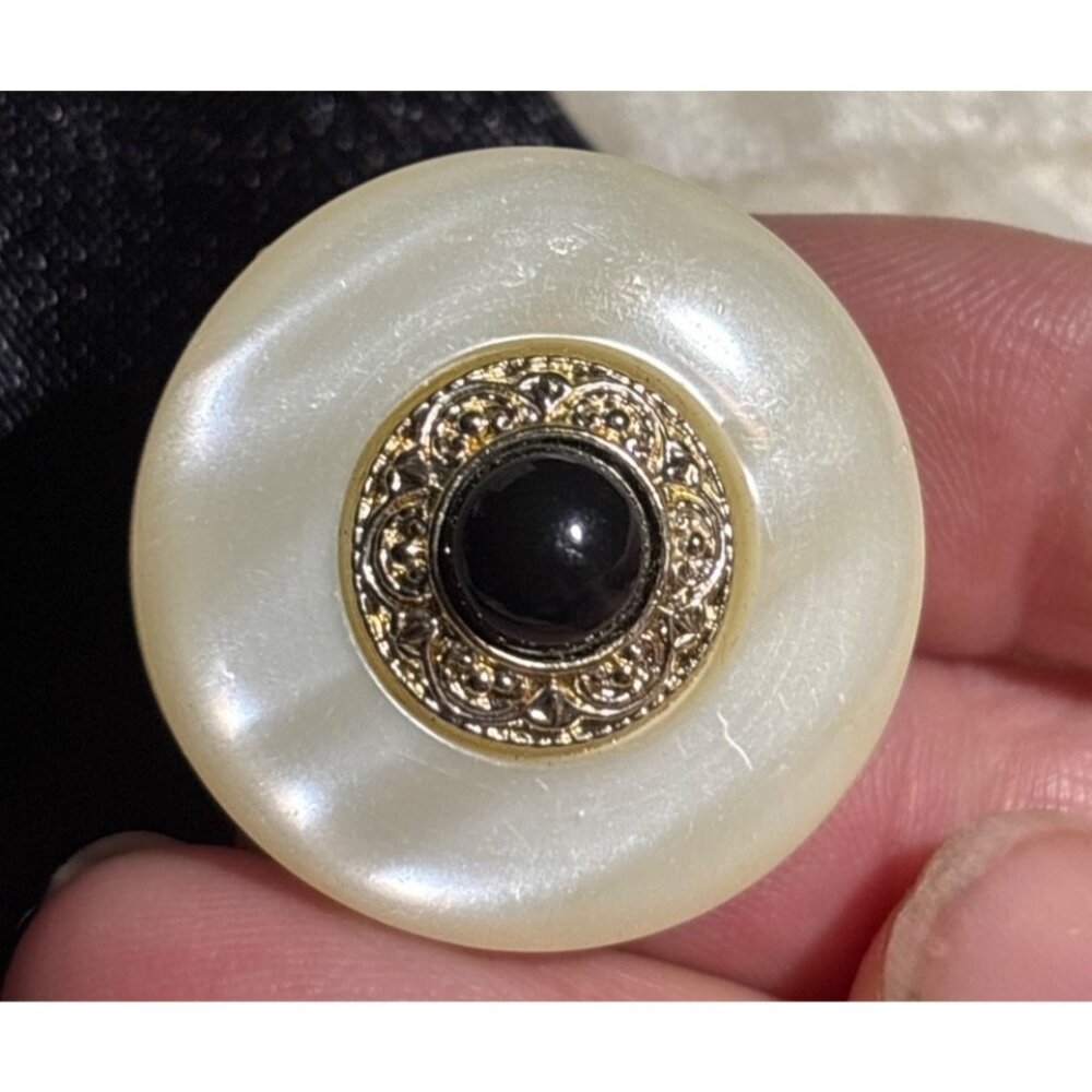 VTG Silver Adjustable Ring Faux Pearl & Black Accent Size Adjust